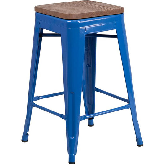 24" High Backless Blue Metal Counter Height Stool With Square Wood Seat By Flash Furniture | Bar Stools | Modishstore - 1