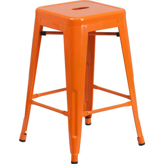 Commercial Grade 24" High Backless Orange Metal Indoor-Outdoor Counter Height Stool With Square Seat By Flash Furniture | Bar Stools | Modishstore