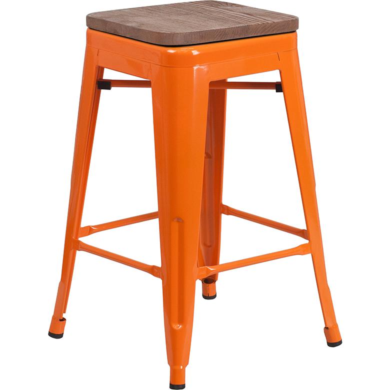 24" High Backless Orange Metal Counter Height Stool With Square Wood Seat By Flash Furniture | Bar Stools | Modishstore - 1