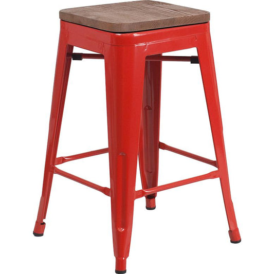 24" High Backless Red Metal Counter Height Stool With Square Wood Seat By Flash Furniture | Bar Stools | Modishstore