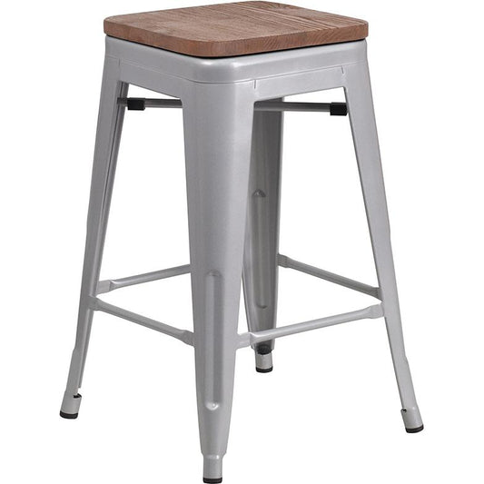 24" High Backless Silver Metal Counter Height Stool With Square Wood Seat By Flash Furniture | Bar Stools | Modishstore