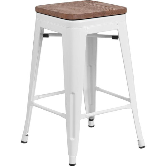 24" High Backless White Metal Counter Height Stool With Square Wood Seat By Flash Furniture | Bar Stools | Modishstore - 1