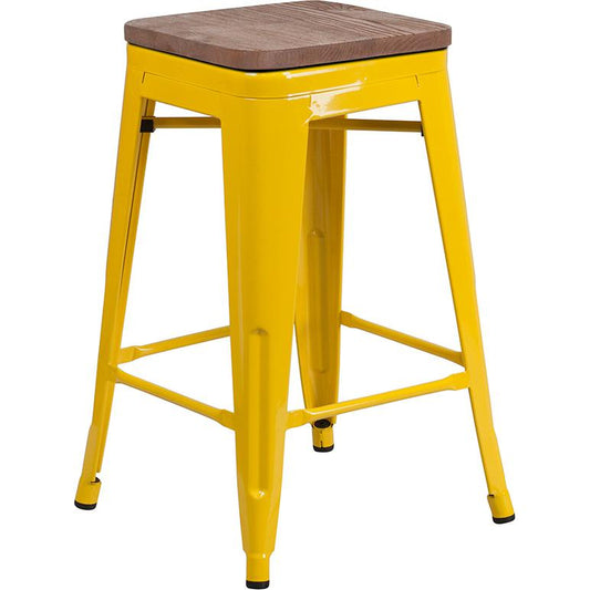 24" High Backless Yellow Metal Counter Height Stool With Square Wood Seat By Flash Furniture | Bar Stools | Modishstore