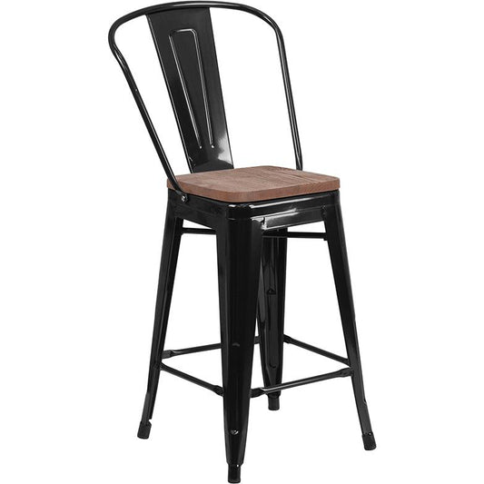 24" High Black Metal Counter Height Stool With Back And Wood Seat By Flash Furniture | Bar Stools | Modishstore