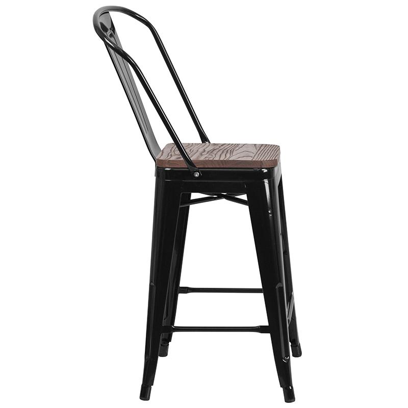 24" High Black Metal Counter Height Stool With Back And Wood Seat By Flash Furniture | Bar Stools | Modishstore - 2