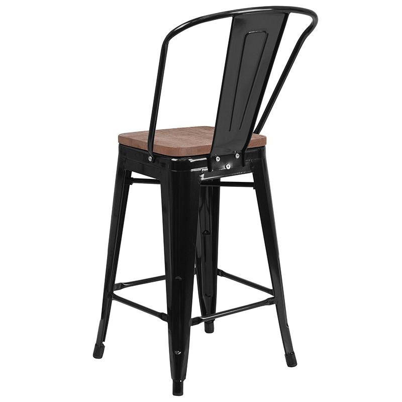 24" High Black Metal Counter Height Stool With Back And Wood Seat By Flash Furniture | Bar Stools | Modishstore - 3