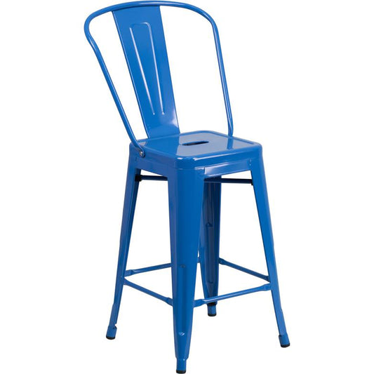 Commercial Grade 24" High Blue Metal Indoor-Outdoor Counter Height Stool With Removable Back By Flash Furniture | Dining Chairs | Modishstore