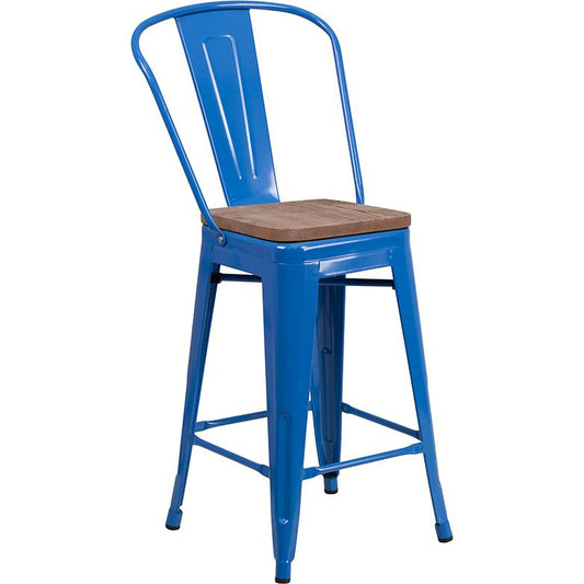 24" High Blue Metal Counter Height Stool With Back And Wood Seat By Flash Furniture | Bar Stools | Modishstore