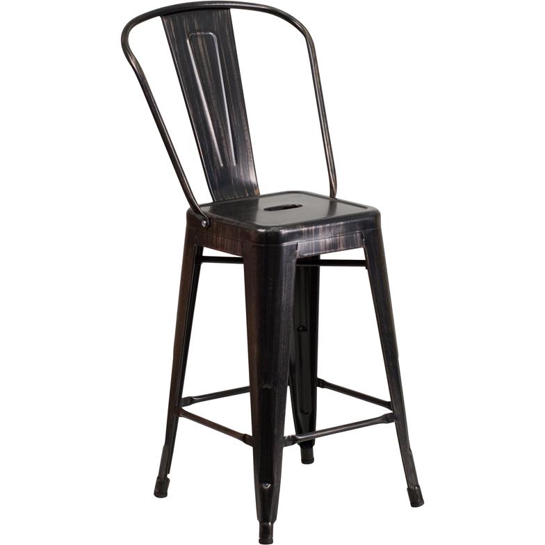 Commercial Grade 24" High Black-Antique Gold Metal Indoor-Outdoor Counter Height Stool With Removable Back By Flash Furniture | Dining Chairs | Modishstore - 1