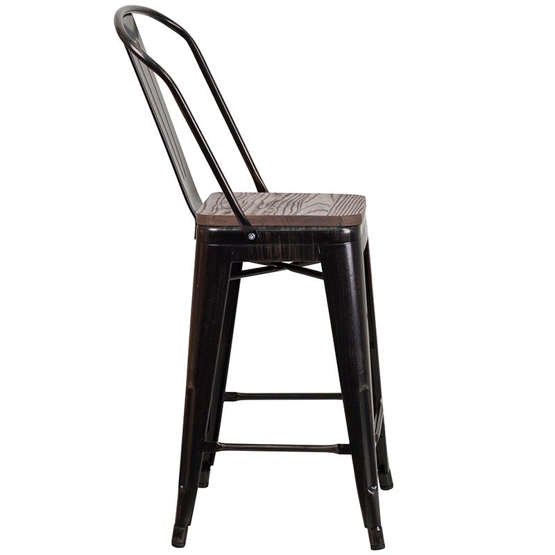24" High Black-Antique Gold Metal Counter Height Stool With Back And Wood Seat By Flash Furniture | Bar Stools | Modishstore - 2