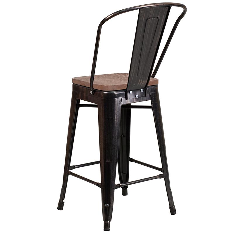 24" High Black-Antique Gold Metal Counter Height Stool With Back And Wood Seat By Flash Furniture | Bar Stools | Modishstore - 3