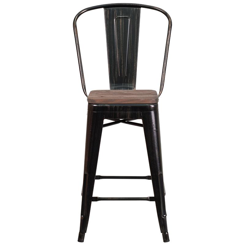 24" High Black-Antique Gold Metal Counter Height Stool With Back And Wood Seat By Flash Furniture | Bar Stools | Modishstore - 4