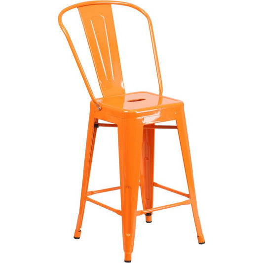 Commercial Grade 24" High Orange Metal Indoor-Outdoor Counter Height Stool With Removable Back By Flash Furniture | Dining Chairs | Modishstore