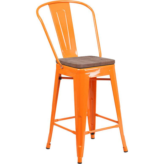 24" High Orange Metal Counter Height Stool With Back And Wood Seat By Flash Furniture | Bar Stools | Modishstore