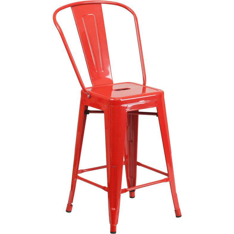 Commercial Grade 24" High Red Metal Indoor-Outdoor Counter Height Stool With Removable Back By Flash Furniture | Dining Chairs | Modishstore