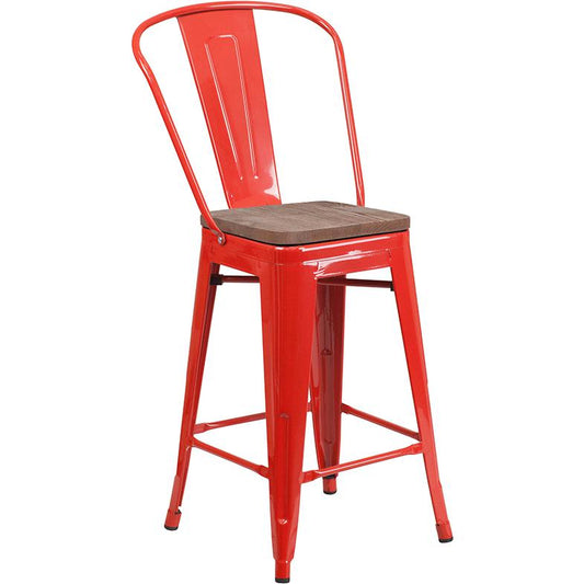 24" High Red Metal Counter Height Stool With Back And Wood Seat By Flash Furniture | Bar Stools | Modishstore