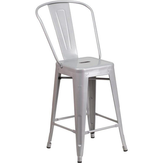 Commercial Grade 24" High Silver Metal Indoor-Outdoor Counter Height Stool With Removable Back By Flash Furniture | Dining Chairs | Modishstore