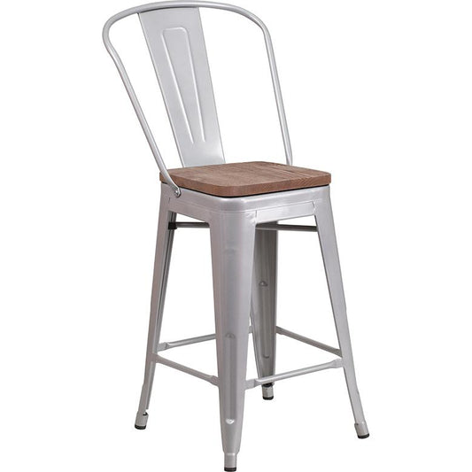 24" High Silver Metal Counter Height Stool With Back And Wood Seat By Flash Furniture | Bar Stools | Modishstore