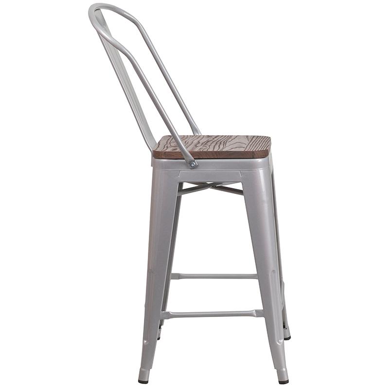 24" High Silver Metal Counter Height Stool With Back And Wood Seat By Flash Furniture | Bar Stools | Modishstore - 2