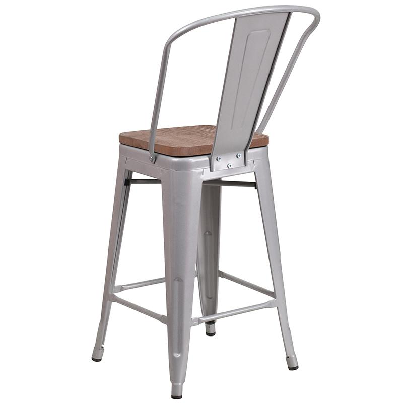 24" High Silver Metal Counter Height Stool With Back And Wood Seat By Flash Furniture | Bar Stools | Modishstore - 3