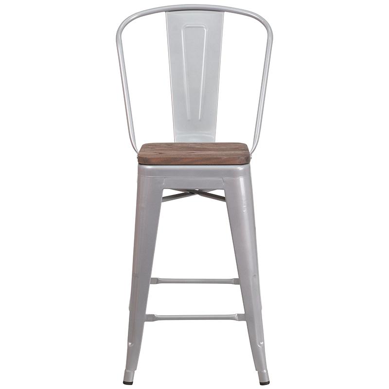 24" High Silver Metal Counter Height Stool With Back And Wood Seat By Flash Furniture | Bar Stools | Modishstore - 4