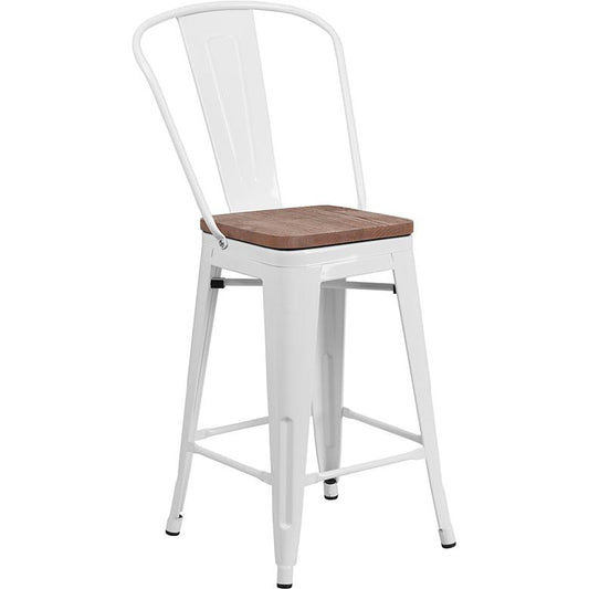 24" High White Metal Counter Height Stool With Back And Wood Seat By Flash Furniture | Bar Stools | Modishstore - 1