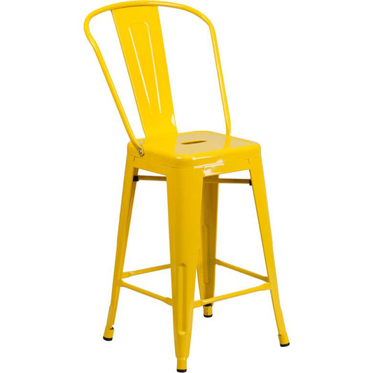 Commercial Grade 24" High Yellow Metal Indoor-Outdoor Counter Height Stool With Removable Back By Flash Furniture | Dining Chairs | Modishstore