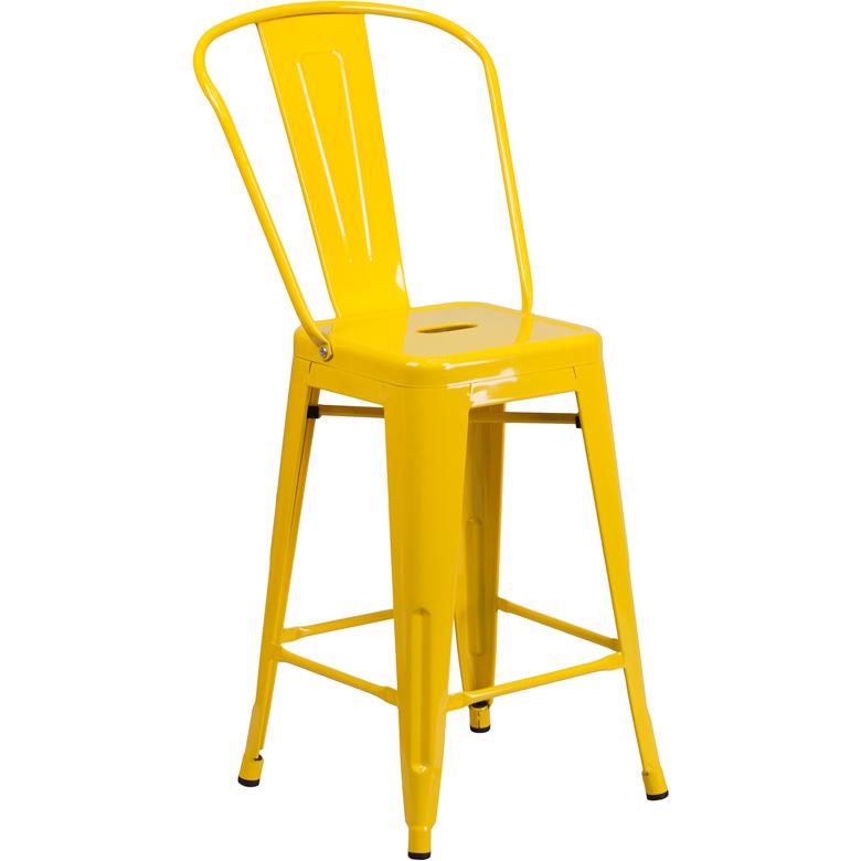 Commercial Grade 24" High Yellow Metal Indoor-Outdoor Counter Height Stool With Removable Back By Flash Furniture | Dining Chairs | Modishstore - 1