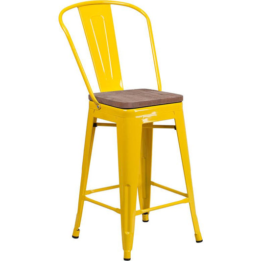 24" High Yellow Metal Counter Height Stool With Back And Wood Seat By Flash Furniture | Bar Stools | Modishstore