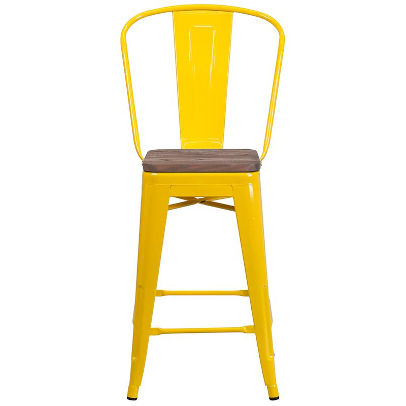 24" High Yellow Metal Counter Height Stool With Back And Wood Seat By Flash Furniture | Bar Stools | Modishstore - 4