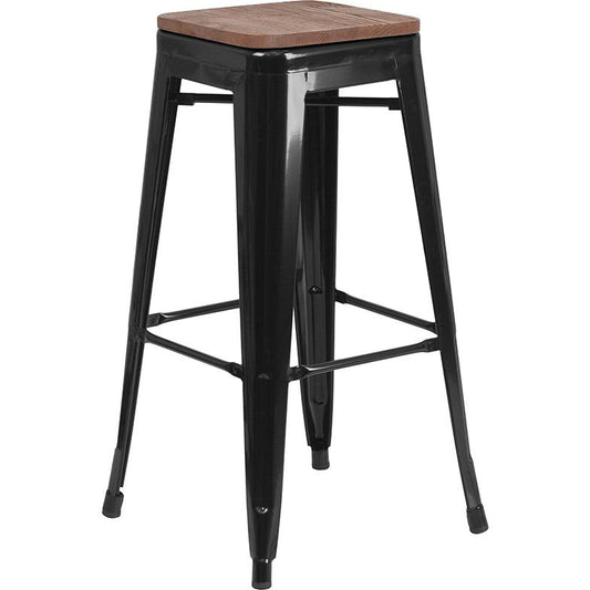 30" High Backless Black Metal Barstool With Square Wood Seat By Flash Furniture | Bar Stools | Modishstore - 1