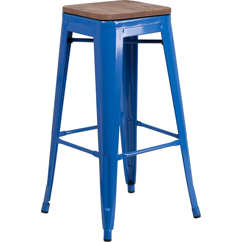 30" High Backless Blue Metal Barstool With Square Wood Seat By Flash Furniture | Bar Stools | Modishstore - 1