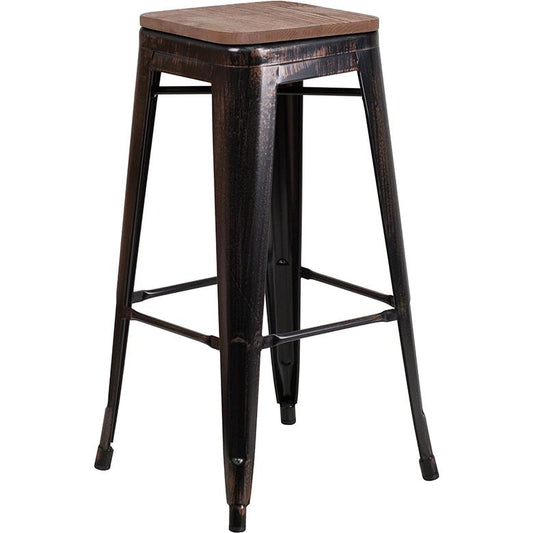 30" High Backless Black-Antique Gold Metal Barstool With Square Wood Seat By Flash Furniture | Bar Stools | Modishstore
