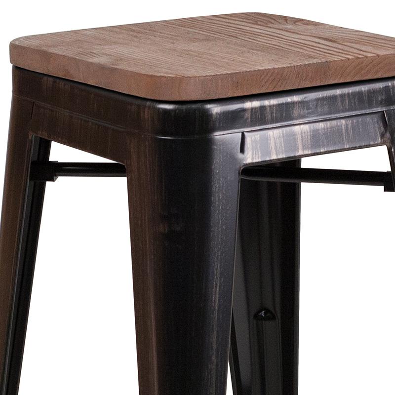 30" High Backless Black-Antique Gold Metal Barstool With Square Wood Seat By Flash Furniture | Bar Stools | Modishstore - 2