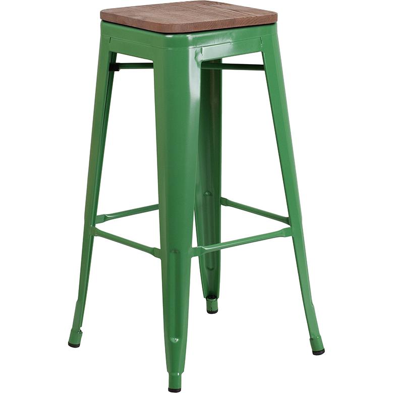 30" High Backless Green Metal Barstool With Square Wood Seat By Flash Furniture | Bar Stools | Modishstore