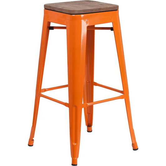 30" High Backless Orange Metal Barstool With Square Wood Seat By Flash Furniture | Bar Stools | Modishstore