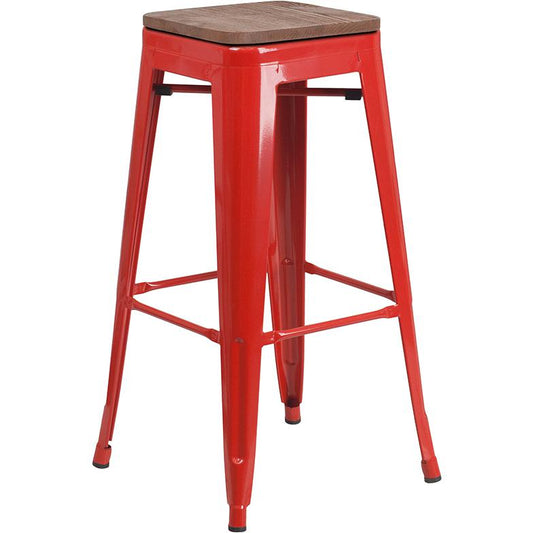30" High Backless Red Metal Barstool With Square Wood Seat By Flash Furniture | Bar Stools | Modishstore