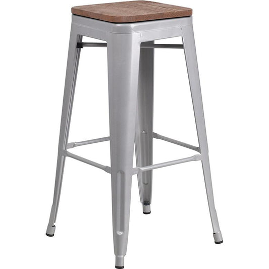 30" High Backless Silver Metal Barstool With Square Wood Seat By Flash Furniture | Bar Stools | Modishstore