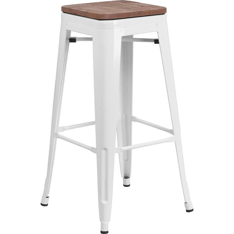 30" High Backless White Metal Barstool With Square Wood Seat By Flash Furniture | Bar Stools | Modishstore - 1