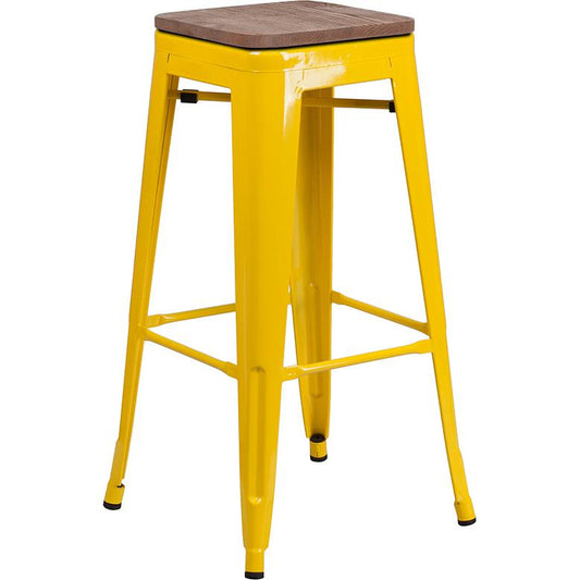 30" High Backless Yellow Metal Barstool With Square Wood Seat By Flash Furniture | Bar Stools | Modishstore