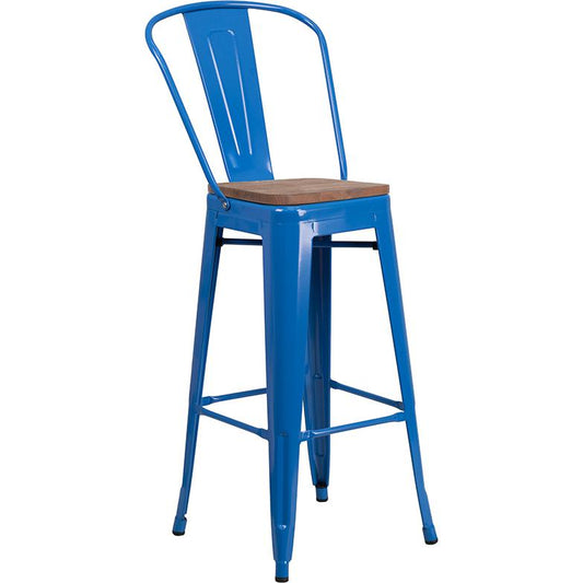 30" High Blue Metal Barstool With Back And Wood Seat By Flash Furniture | Bar Stools | Modishstore - 1