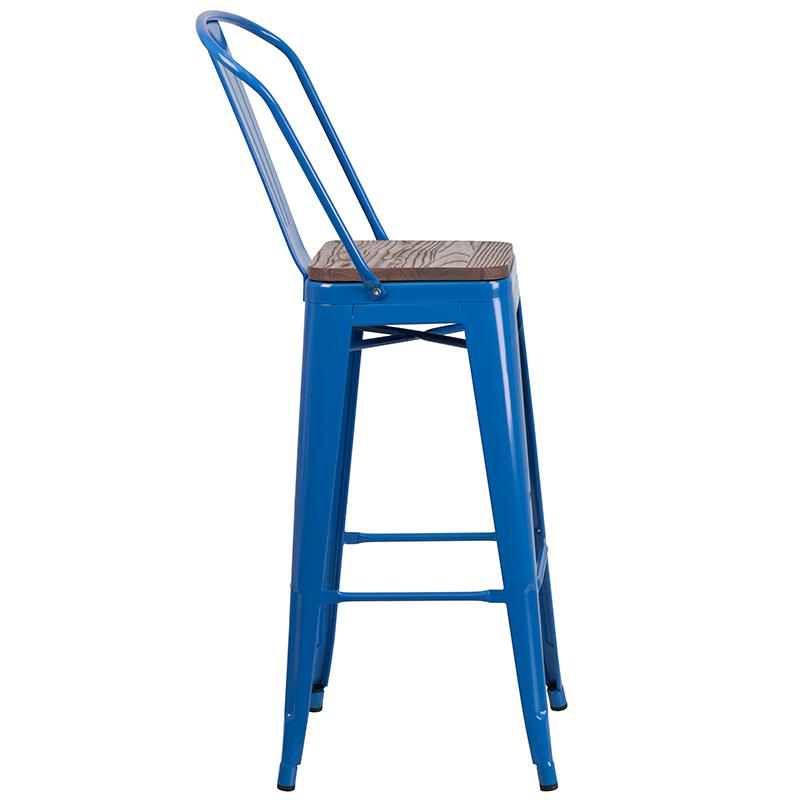 30" High Blue Metal Barstool With Back And Wood Seat By Flash Furniture | Bar Stools | Modishstore - 2