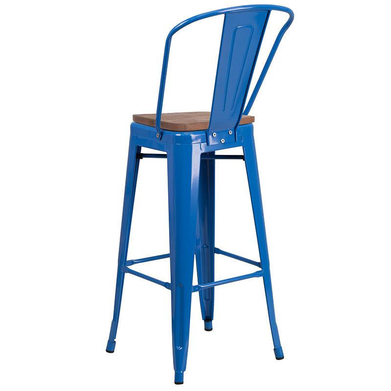 30" High Blue Metal Barstool With Back And Wood Seat By Flash Furniture | Bar Stools | Modishstore - 3