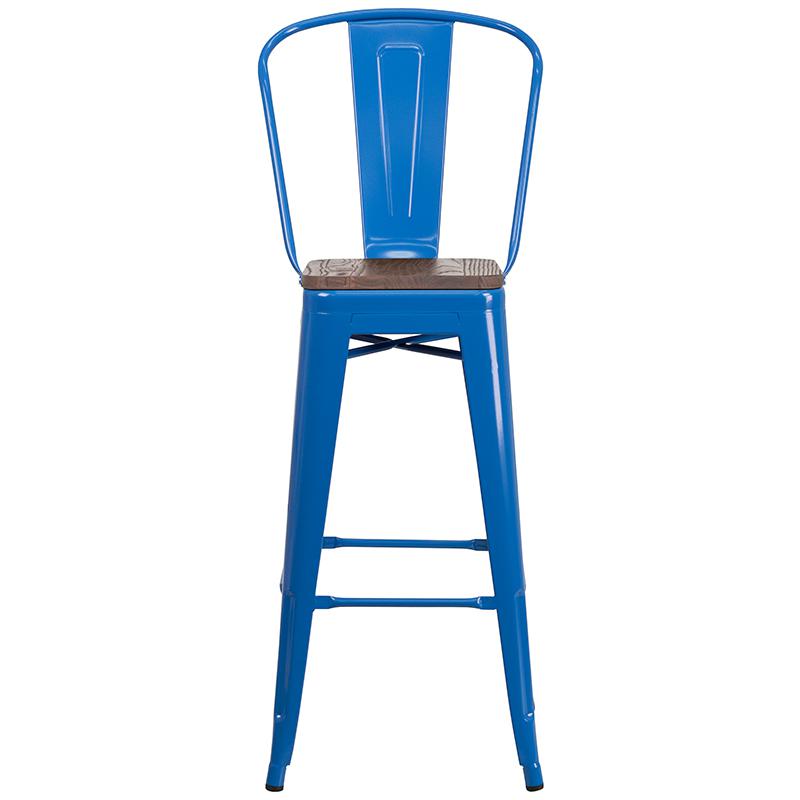 30" High Blue Metal Barstool With Back And Wood Seat By Flash Furniture | Bar Stools | Modishstore - 4