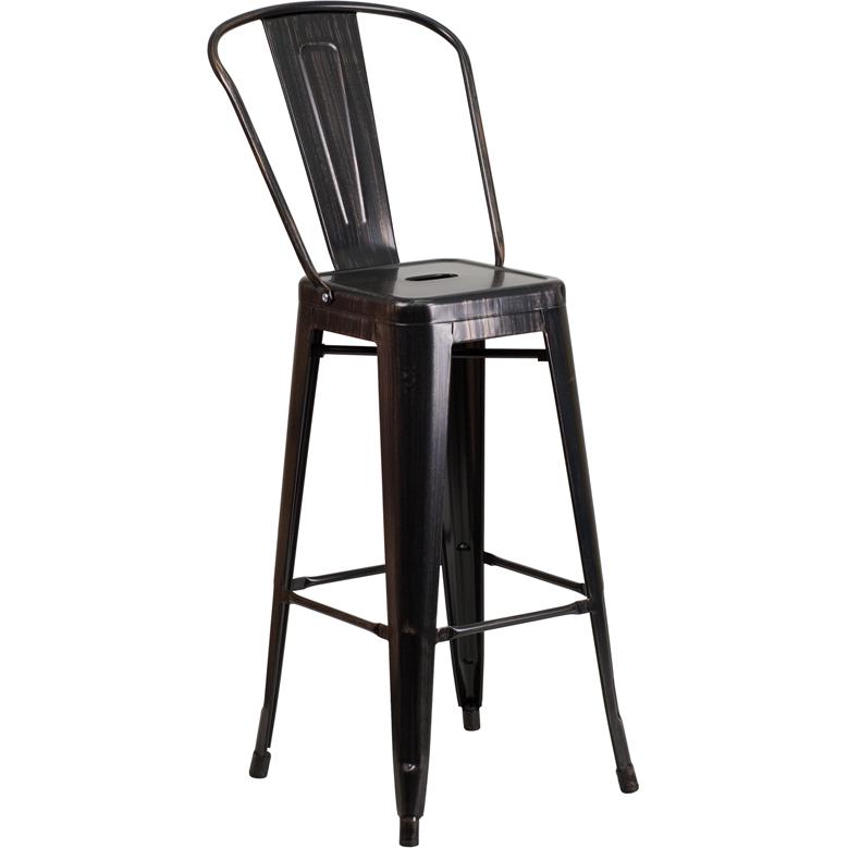 Commercial Grade 30" High Black-Antique Gold Metal Indoor-Outdoor Barstool With Removable Back By Flash Furniture | Bar Stools | Modishstore - 1