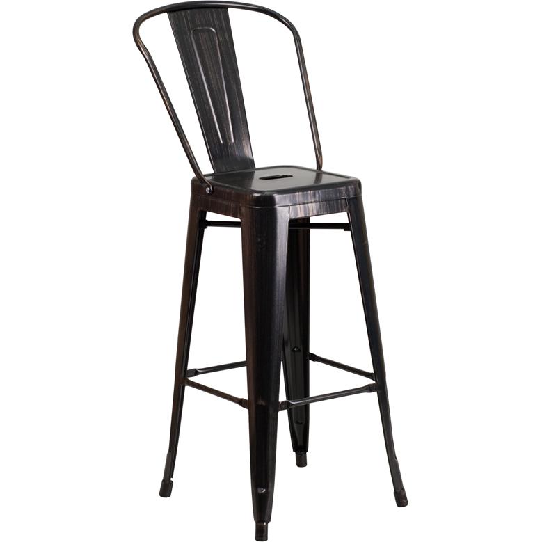 Commercial Grade 30" High Black-Antique Gold Metal Indoor-Outdoor Barstool With Removable Back By Flash Furniture | Bar Stools | Modishstore