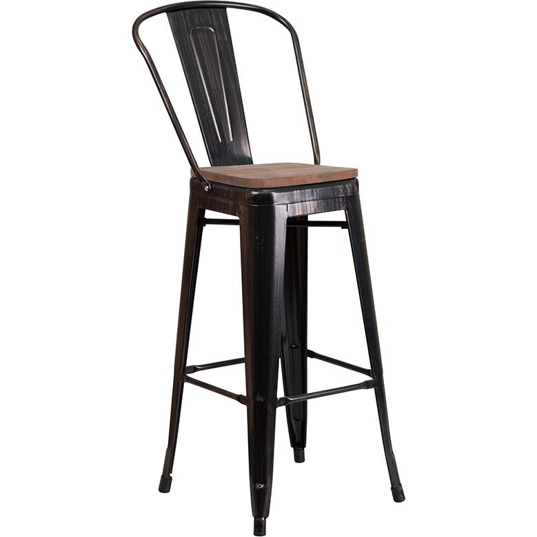 30" High Black-Antique Gold Metal Barstool With Back And Wood Seat By Flash Furniture | Bar Stools | Modishstore