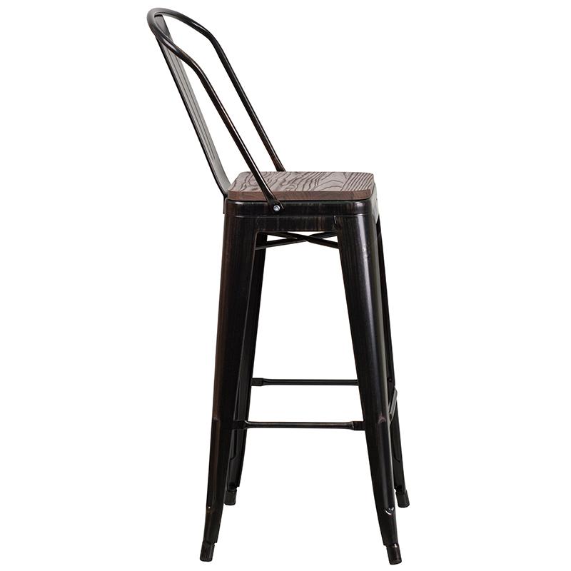 30" High Black-Antique Gold Metal Barstool With Back And Wood Seat By Flash Furniture | Bar Stools | Modishstore - 2