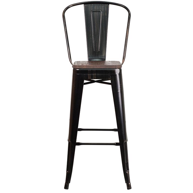 30" High Black-Antique Gold Metal Barstool With Back And Wood Seat By Flash Furniture | Bar Stools | Modishstore - 4