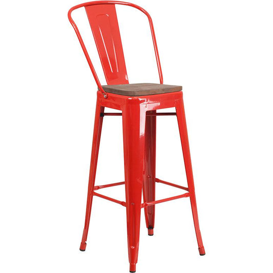30" High Red Metal Barstool With Back And Wood Seat By Flash Furniture | Bar Stools | Modishstore